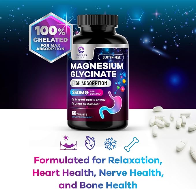 Magnesium Glycinate Chelated for Max Absorption - Supports Bone, Muscle, Nerves & Heart Health, Nature's Sleep and Stress Support, Best Magnesium Supplement Pills for Whole Body Support - 60 Tablets