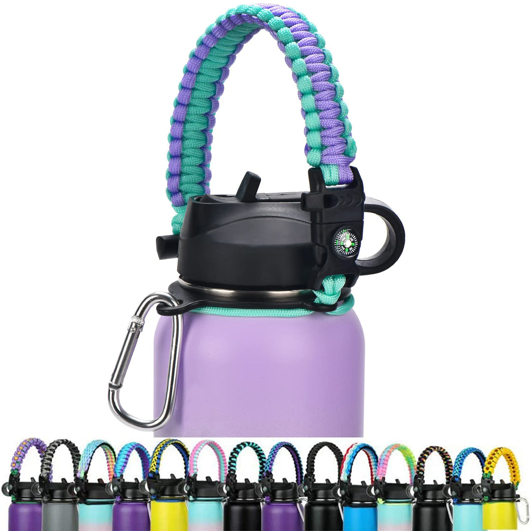 Paracord Handle - Fits Wide Mouth Bottles 12oz to 64oz - Durable Carrier, Paracord Carrier Strap Cord with Safety Ring,Compass and Carabiner - Ideal Water Bottle Handle Strap (Light Mint/Purple)