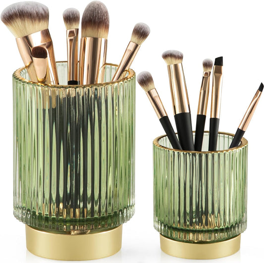 BTGGG Makeup Brush Holder 2 Pack Glass Cosmetic Makeup Brush Organiser for Vanity, Eyeliners, Eyebrow Pencil, Bathroom Toothbrush Holder, Office Storage Cup Desk Pen Holder, Crystal Green (S+L)