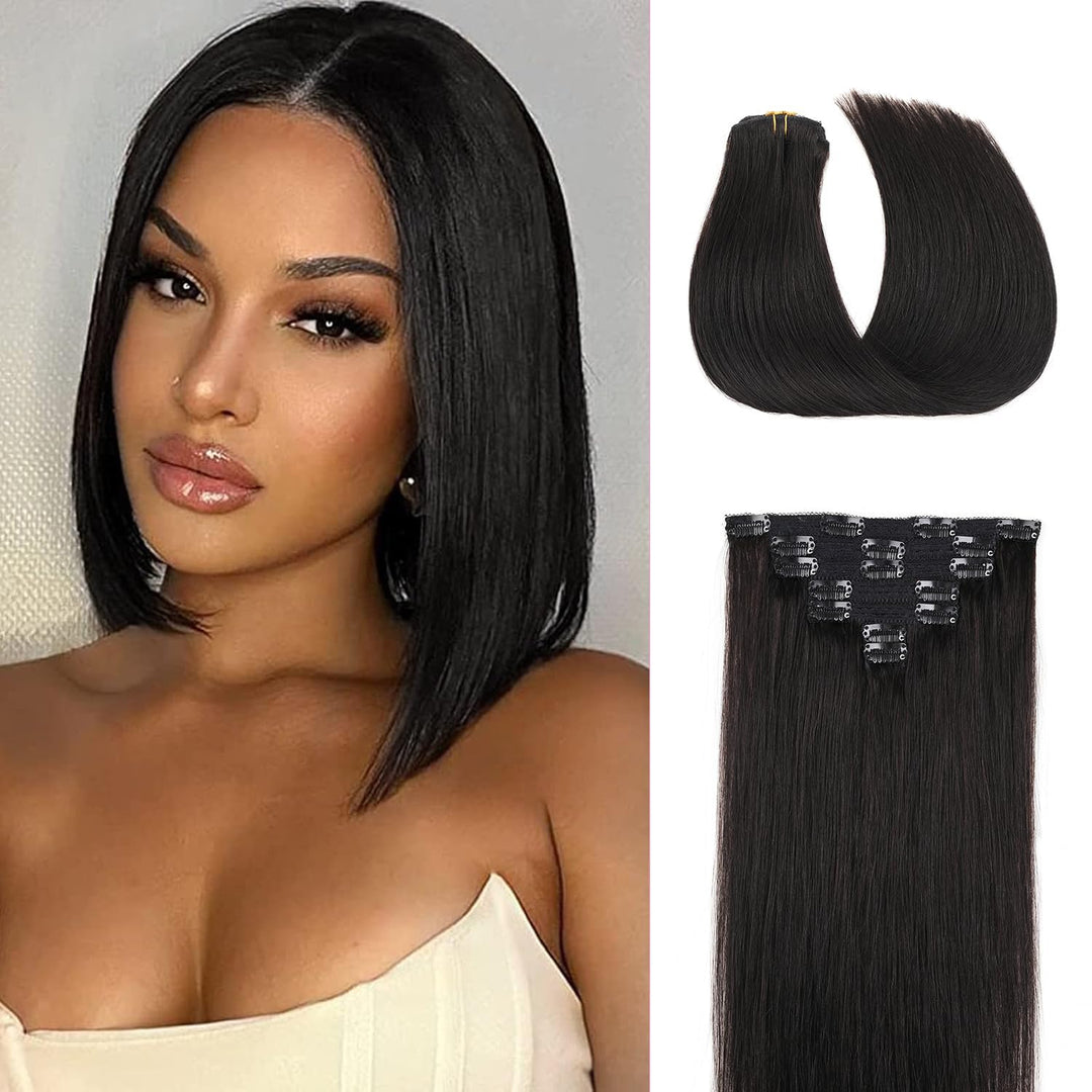 Clip In Human Hair Extensions,Double Weft 70G 7Pcs Silky Straight Human Hair Clip In Extensions #1 Jet Black 12Inch Remy Hair