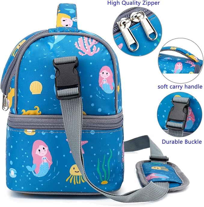 FlowFly Double Decker Cooler Insulated Lunch Bag Large Tote for Boys, Girls, Men, Women, With Adjustable Strap (Blue-Mermaid)
