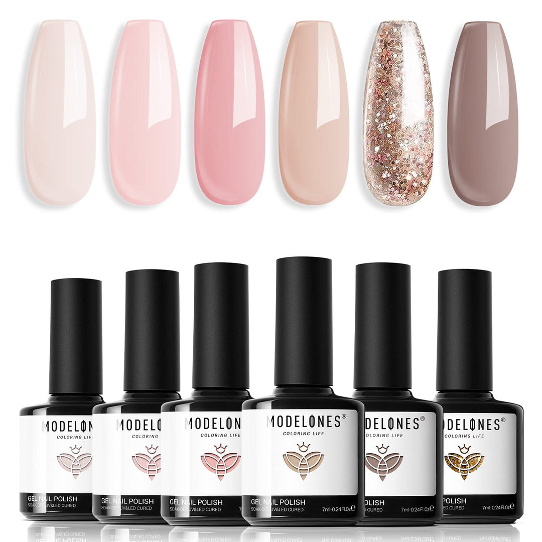 modelones Nude Gel Nail Polish Set, 6 Colors Glitter Neutral Pink Gel Polish Brown Tan All Seasons Skin Tones Soak Off Manicure Home Nail Art Design Starter Kit Salon Holiday Gift for Women Girl