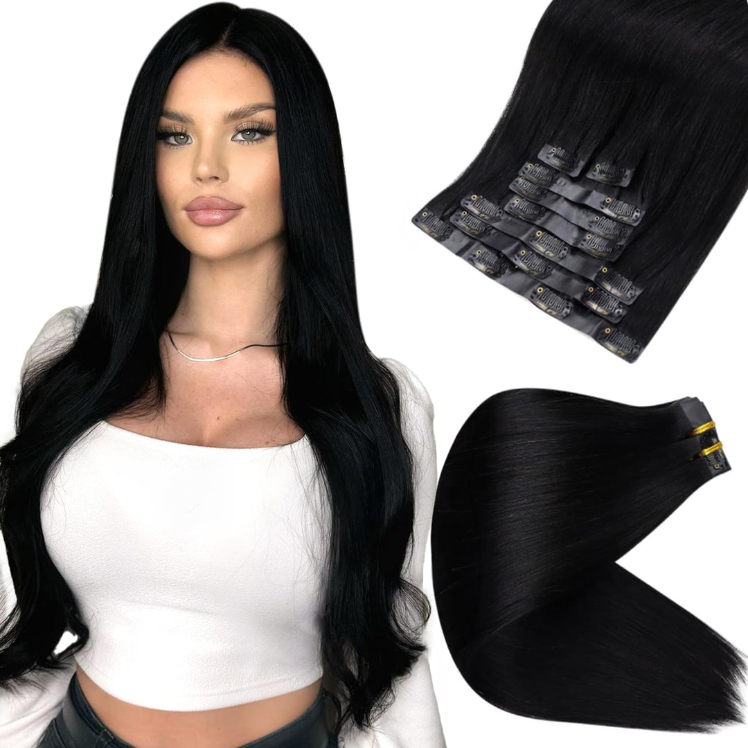 Full Shine Real Hair Extensions Clip in Human Hair Black Hair Extensions Real Human Hair Seamless Clip in Soft Straight Hair for Short Full Head 8 PCS 12 Inch 95 G