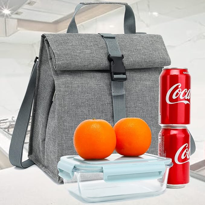 Insulated Lunch Bag for Men/Women/Kids, Roll top Reusable Lunch Box with Adjustable Shoulder Strap, Thermal Lunch Cooler Tote Container for Adults/Teens School Work Office Picnic,Grey