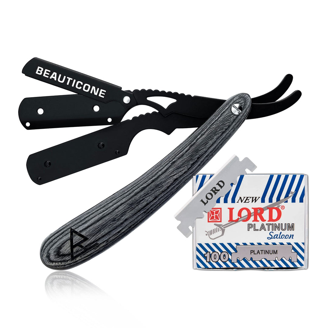 Beauticone Straight Razor For Men, Professional Barber Razor With 100 Single Edge Blades, Wooden Handle