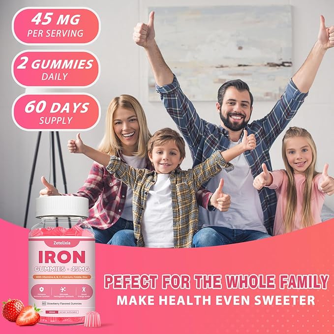 Vegan 2 Pack Iron Supplement Gummies for Women & Men, Anemia, Blood Builder & Energy Support for Iron Deficiency, with Vitamin C, A, B Complex, Folate, CoQ10, Sugar Free, Non-GMO, 120 Count