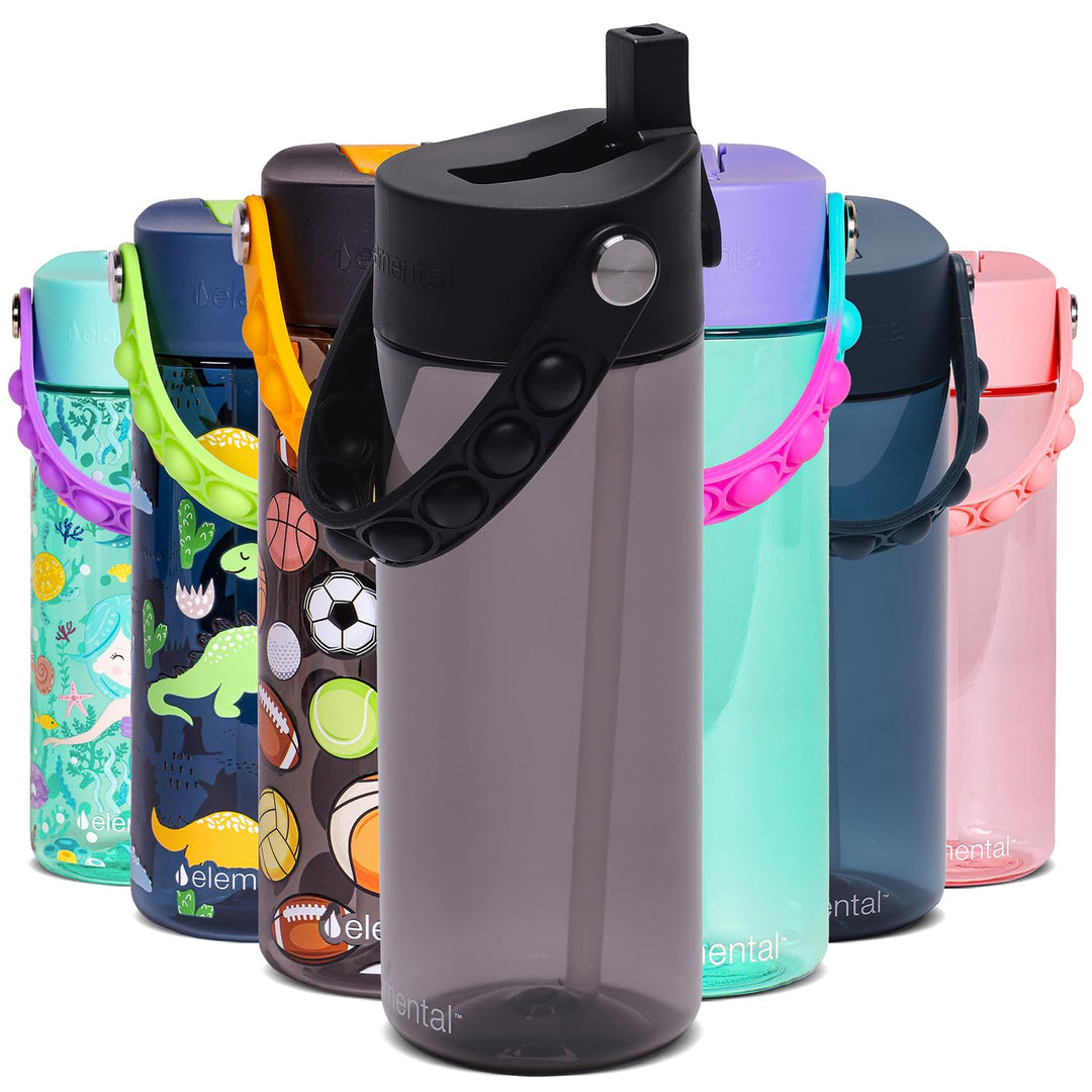Elemental Leak Proof Water Bottles for Kids - Splash Kids Water Bottle for School with Fun Fidget Pop-it Handle - BPA Free Tritan Plastic Reusable Water Bottle with Straw - Black - 18oz