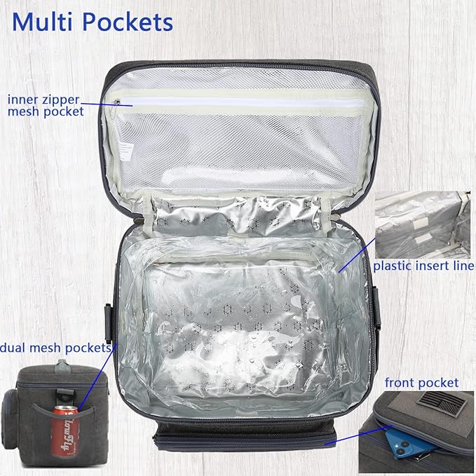 FlowFly Lunch Bag, Insulated Cooler, Thermal Lunch Box Tote with MOLLE/PALS Webbing, Adjustable Padded Shoulder Strap, for Tactical Men Women Adults and Boys Girls Kids (Navy, Large)