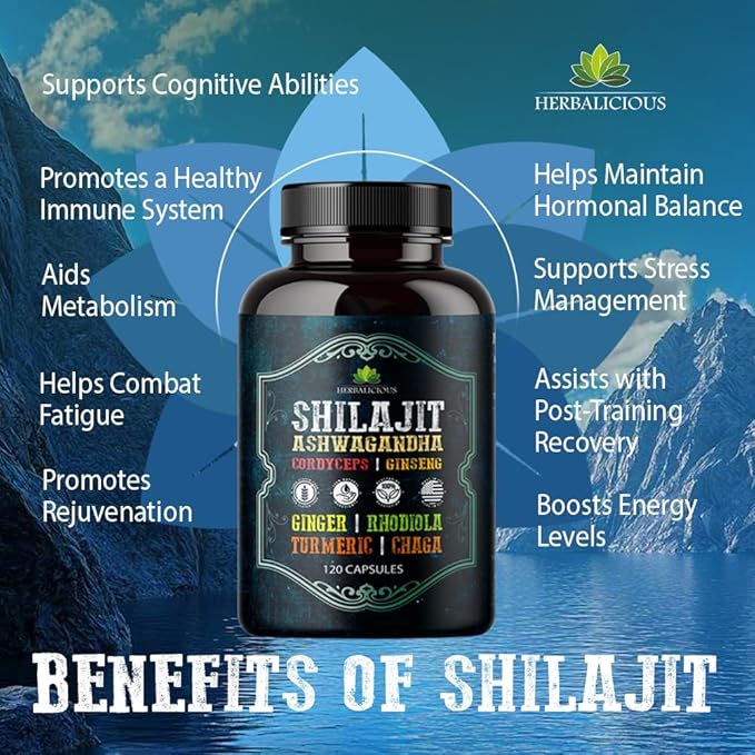 Shilajit for Men – 8-in-1 Adaptogenic Supplement with Ashwagandha, Cordyceps, Ginseng, Rhodiola, Turmeric, Chaga & Ginger – Natural Energy, Stress Relief & Immune Support – 120 Vegan Capsules