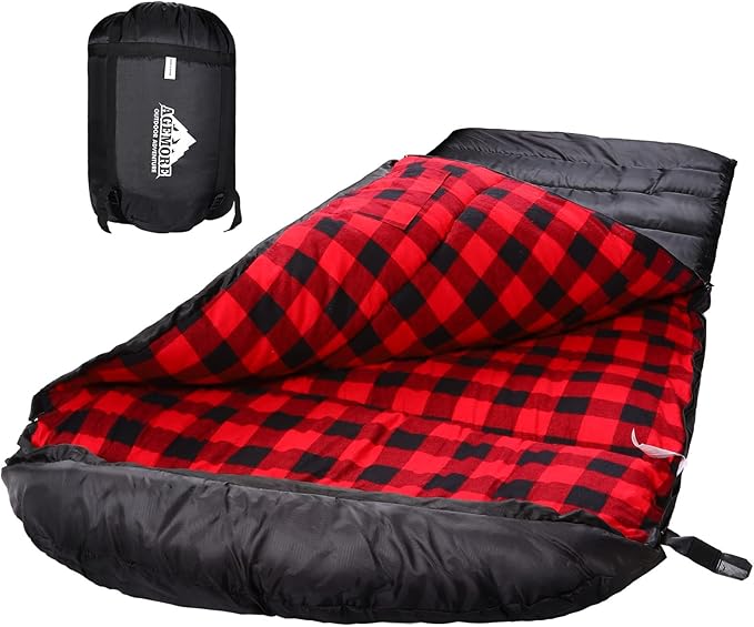 AGEMORE Cotton Flannel Sleeping Bag XL for Camping, Envelope Sleeping Bags for Adults 91"X35", Great for 3-4 Season Traveling, Hiking & Outdoor Activities, Waterproof Comfort with Compression Sack