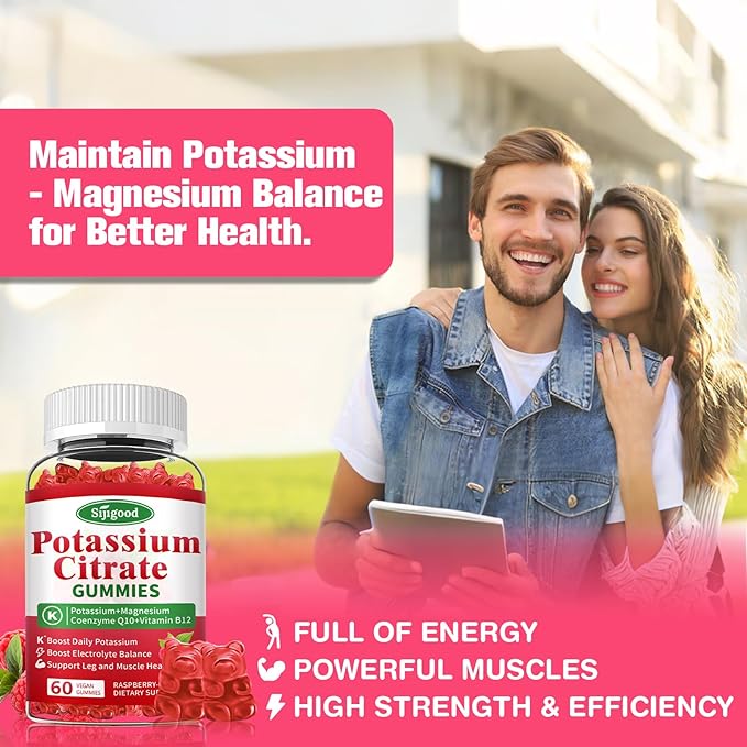 Potassium Citrate Gummies – Potassium Supplement for Muscle Health, Leg Cramp Relief & Electrolyte Balance, Vegan, Non-GMO, Gluten-Free, Raspberry Flavor, 60 Count