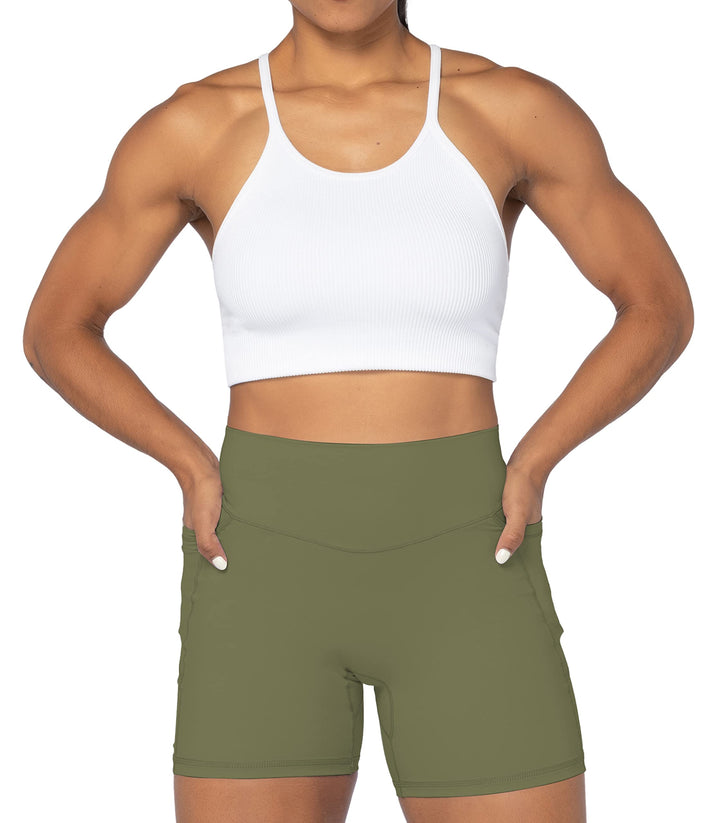 Sunzel No Front Seam Biker Shorts for Women with Pockets, Yoga Workout Gym Bike Shorts with Tummy Control 5" Olive Green X-Small