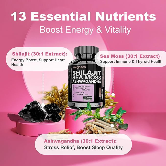All-in-One Sea Moss, Shilajit, Ashwagandha & Glutathione Supplement for Women, Boosts Energy, 60 Capsules