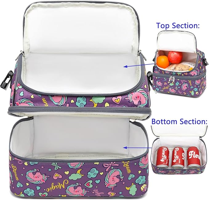 FlowFly Double Decker Cooler Insulated Lunch Bag Large Tote for Boys, Girls, Men, Women, With Adjustable Strap (Purple-Unicorn)