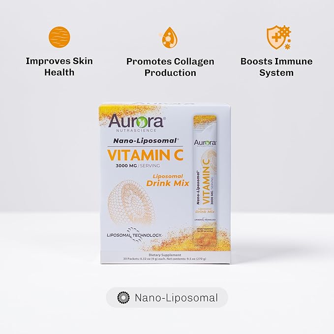 Aurora Nutrascience Nano-Pack Liposomal Vitamin C Powder Drink Mix, Immune Support, High Strength 3,000 mg Per Serving, 30 Single Serve Packets, Orange