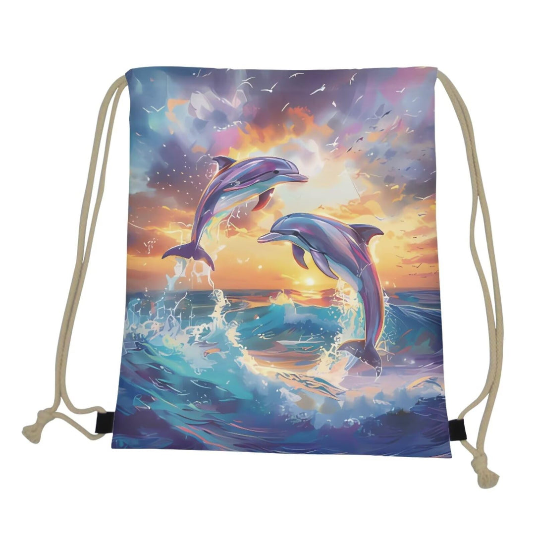 COEQINE Large Drawstring Bag With Dolphin Animal Sunset Pattern Gym Bag Lightweight Portable Foldable Gym Bag for Travel