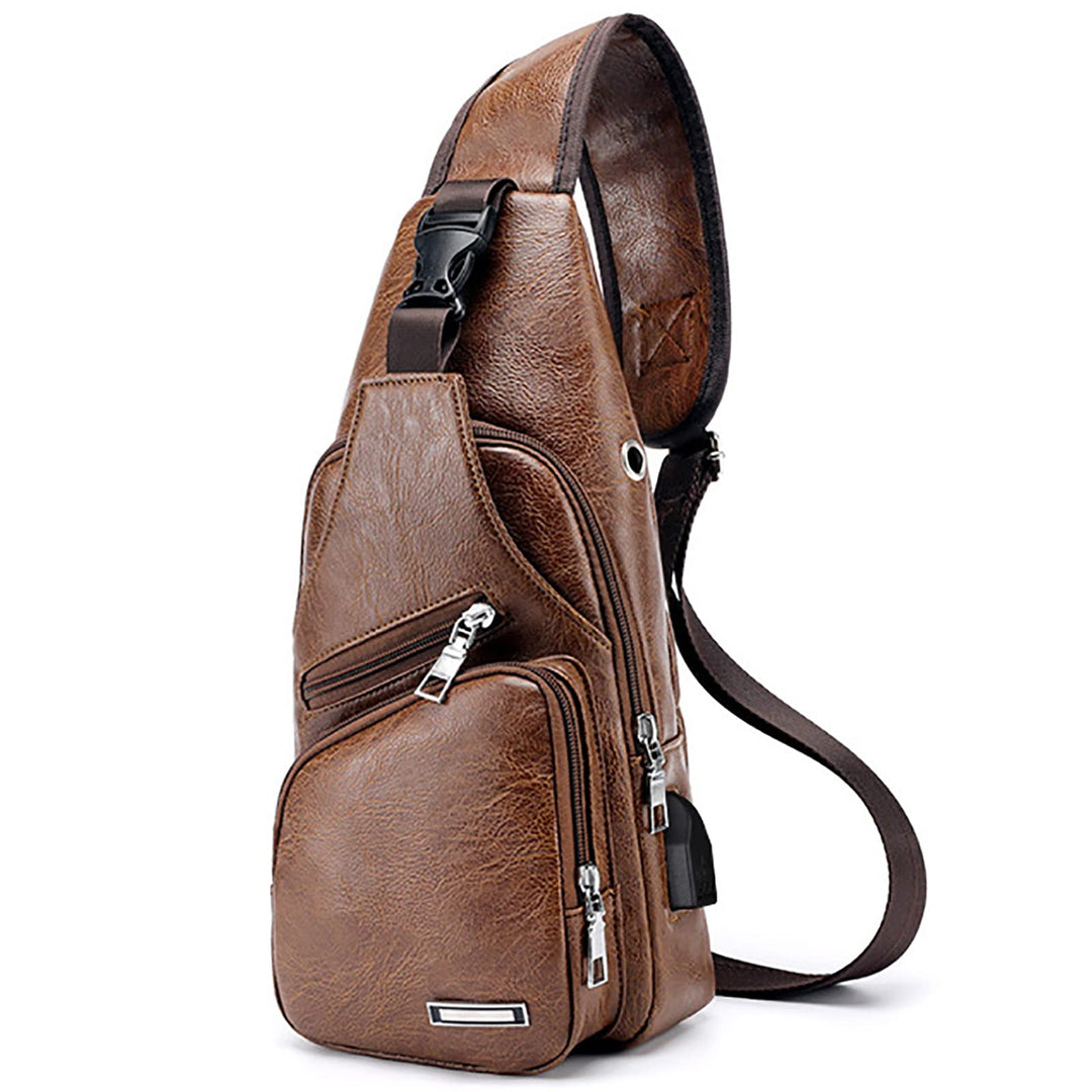 Peicees Leather Sling Bag Mens Crossbody Bag Chest Bag Sling Backpack for Men with USB Charge Port