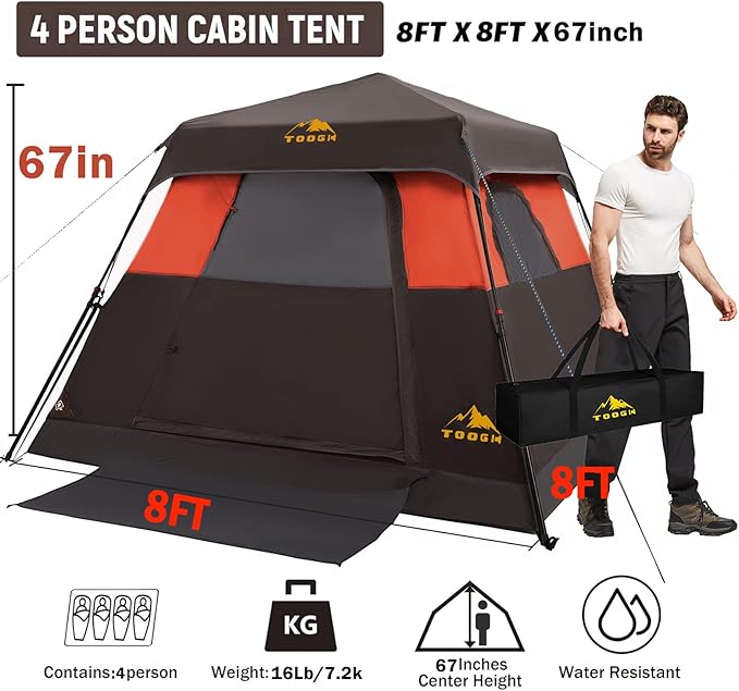 3/4 Person/6 Person Camping Tent Fast Cabin Tent with Instant Setup Tent, Weatherproof Tent Easy Quick Set Up & Pop Up in 60 Seconds with Rainfly Backpack for Family Camping,Upgraded Ventilation