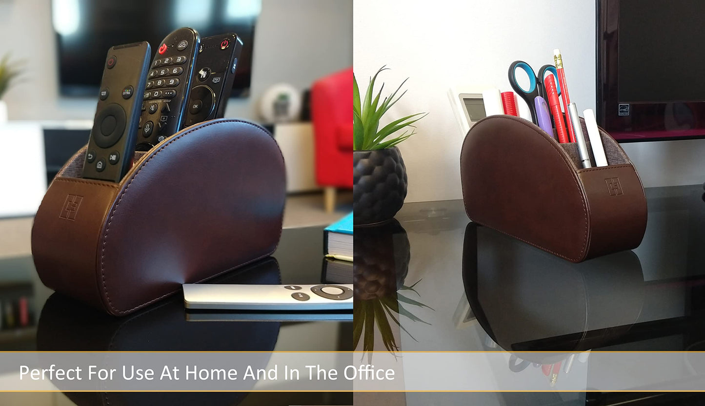 Connected Essentials Remote Control Holder Brown 5 Compartment TV Remote Organiser and Office Tidy, Living Room and Bedroom TV Control Storage Caddy CEG-10