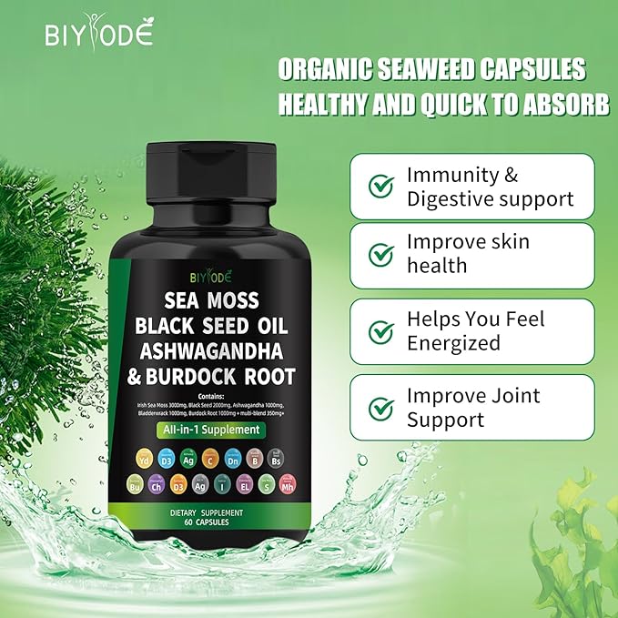 Sea Moss Capsules: Sea Moss Black Seed Ashwagandha Bladderwrack Burdock Root Multi-Blend Vitamin D3 C Vitamin 60 Capsules 30 Day Supply