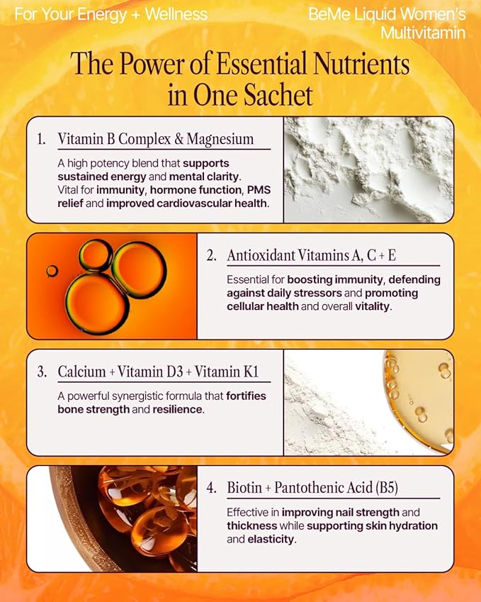 BeMe Liquid Multivitamin for Women - 2X Faster Absorption & High Bioavailability - Vitamin C+E, D, K, Calcium, Zinc, Magnesium - Clinically Tested Womens Multivitamin, Non-GMO, Soy, Dairy Free