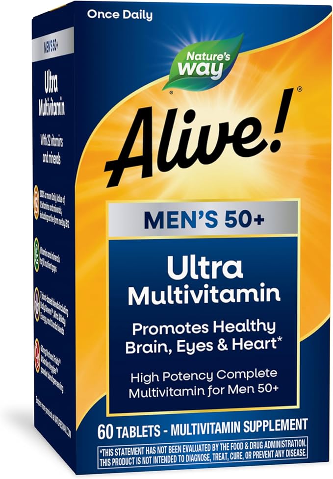 Nature's Way Alive! Men’s 50+ Daily Ultra Multivitamin, High Potency Formula, Supports Healthy Brain, Eyes & Heart*, with Methylated B12, Gluten-Free, 60 Tablets (Packaging May Vary)