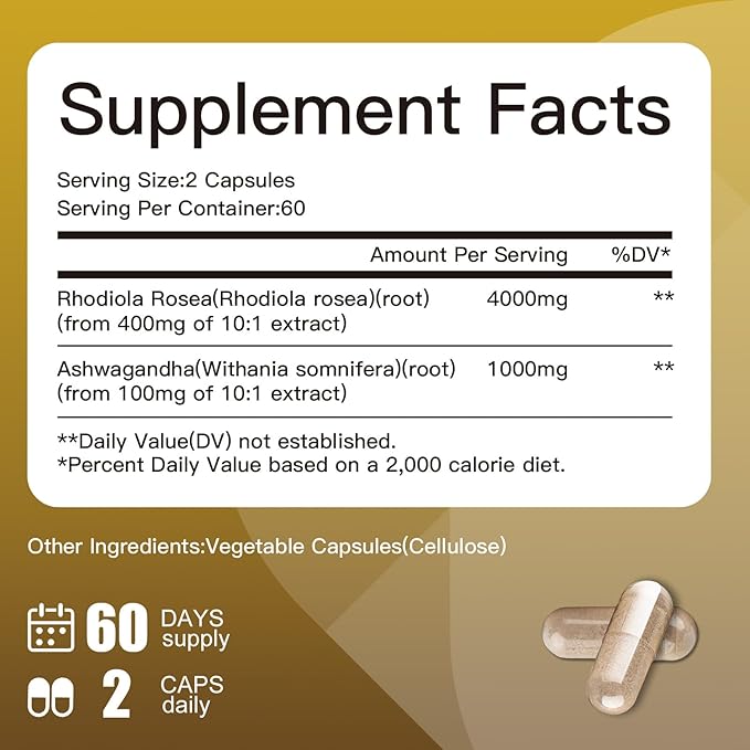 Rhodiola Rosea with Ashwagandha & L-Theanine - Organic Rhodiola Rosea Supplement,Natural Adaptogen for Clarity & Vitality, 120 Capsules