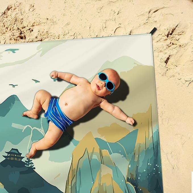 Beach Blanket Waterproof Sandproof Large Beach Mat 79" X 83" for 2-4 Adults Sand Free Mat Quick Drying,Lightweight & Durable with 4 Stakes & 4 Corner Pockets for Beach Travel Camping.(Mountain)