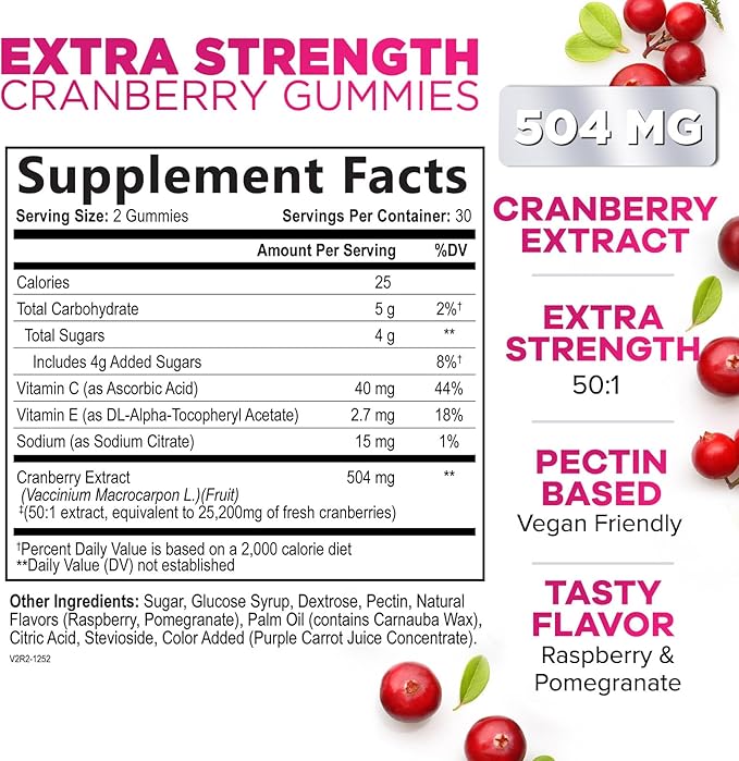 Cranberry Supplement Gummies + Vitamin C - Made with 25,000mg 50:1 Cranberry Extract to Help Cleanse and Protect The Urinary Tract, Nature's Chewable Cranberry Pills for Women, Non-GMO - 60 Gummies