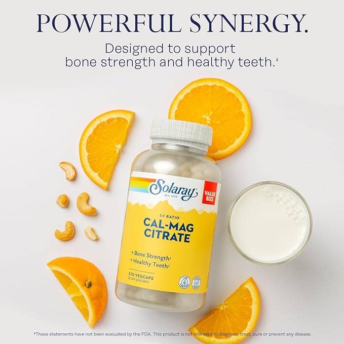 Solaray Calcium Magnesium Citrate 1000mg 1:1 Ratio, Bone Strength Supplement, Muscle, Nerve and Bone Health Support, Chelated for High Absorption, 60-Day Guarantee, 45 Servings, 270 VegCaps