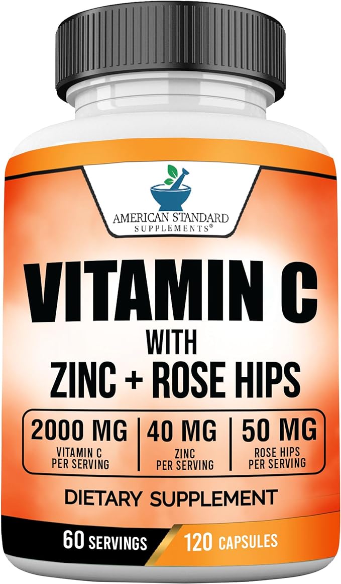 American Standard Supplements Vitamin C 2000mg, Zinc 40mg, and Rose HIPS 50mg Per Serving – Vegan, Gluten Free, Non-GMO (120 Count)