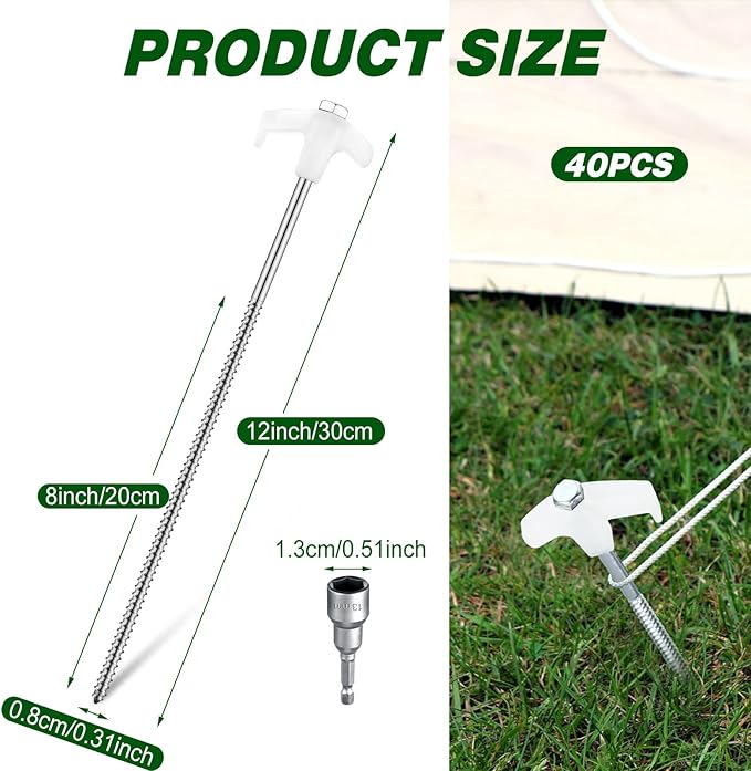 Hicarer 12 Inch Tent Stakes Screw in Camping Stakes Heavy Duty Metal Stake Ground Anchor Peg Threaded Tent Spikes with Hex Head Driver for Camping Garden Inflatable