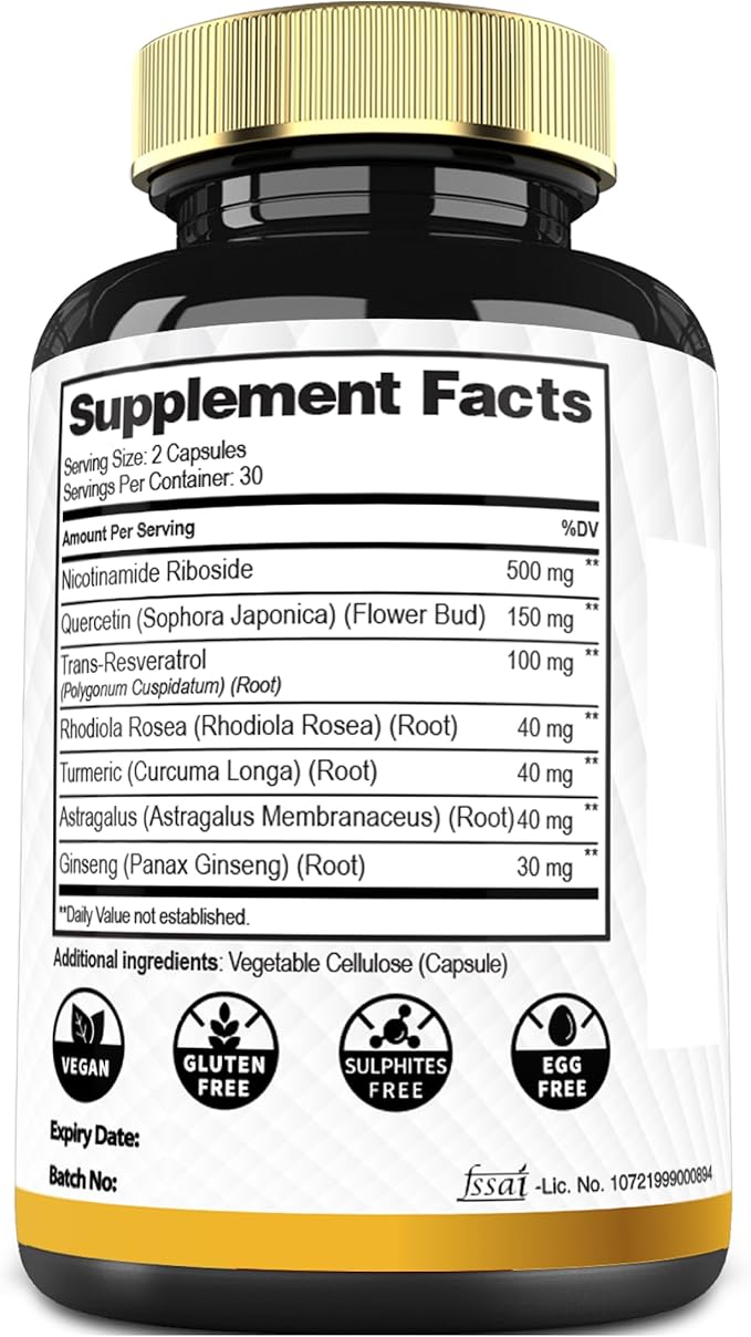 NAD+ Supplement with Nicotinamide Riboside w/Quercetin, Resveratrol, Turmeric, Rhodiola Rosea, Astragalus - 60 Count