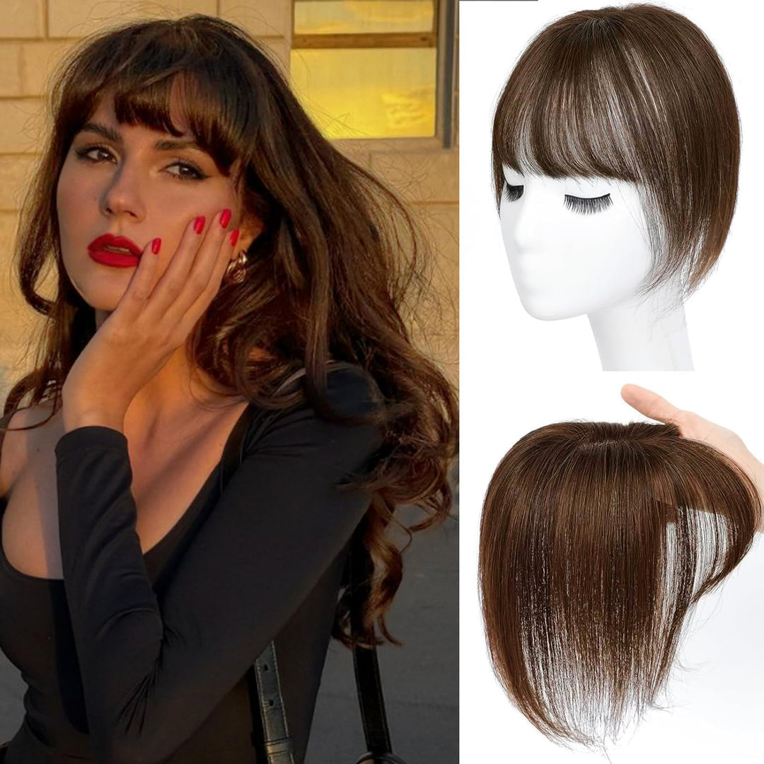 Amchoice Hair Toppers for Women Real Human Hair, Bangs Hair Clip 360° 3D Cover Human Hair Topper with Bangs, Human Hair Toppers for Women Daily (Light Brown, 3D French Bangs (5 * 9))