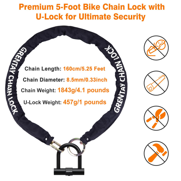 Bike Chain Lock, 5.25 Feet/160cm Heavy Duty Anti Theft Bicycle Chain Lock 0.6inch/15mm Thick Cut Proof Security Bike Locks with Keys for Bike, Motorcycles, Scooter, Stroller, Gate, Fence