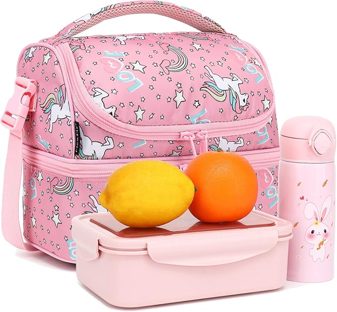 FlowFly Double Decker Cooler Insulated Lunch Bag Large Tote for Boys, Girls, Men, Women, With Adjustable Strap (Red-Unicorn)