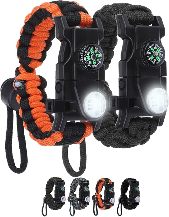 Adjustable Survival Paracord Bracelet, 2 Pack Emergency Fire Starter Kit with Loud Whistle Compass Light Flint Steel for Hiking Fishing Hunting, Tactical Gear Equipment Multitools
