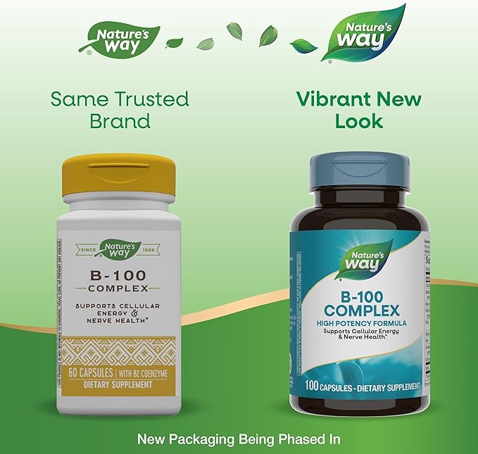 Nature's Way B-100 Complex, Supports Cellular Energy and Nerve Health*, 8 B-Vitamins, 100 Capsules (Packaging May Vary)