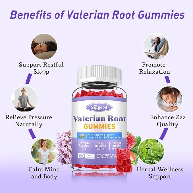Valerian Root Gummies Organic, Valerian Root Supplement for Zzz, Relaxation & Calm, Natural Herbal Supplement for Men & Women, Melatonin Free, Vegan, Non-GMO, Strawberry Flavor, 60 Count