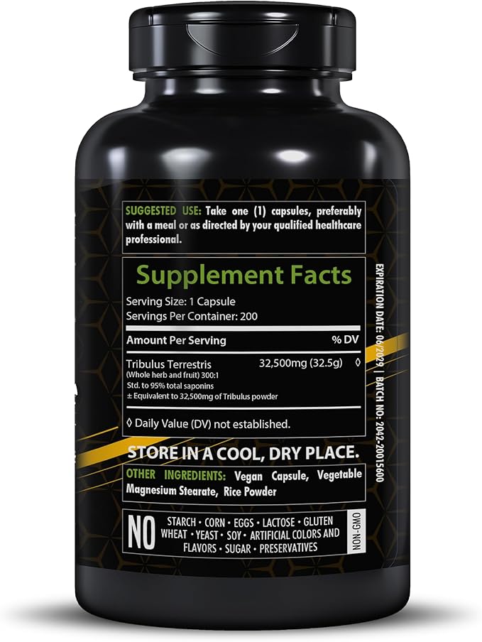 Tribulus Terrestris Extract 32,500mg | 200 Veg Capsules | Maximum Strength | Non-GMO | Gluten-Free