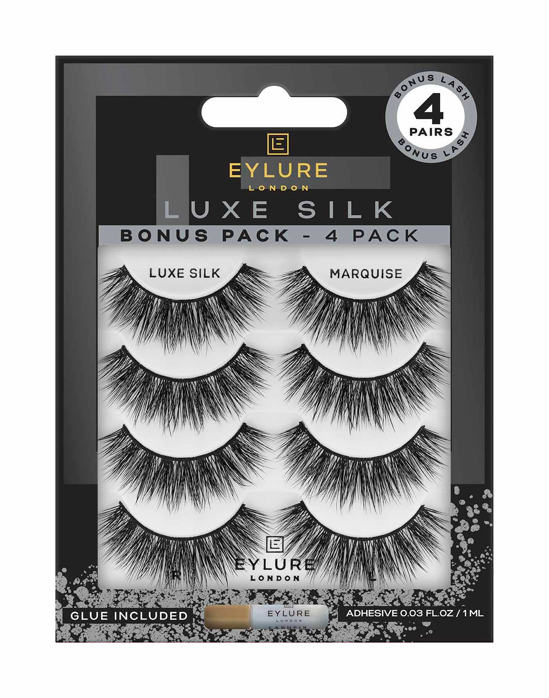Eylure False Lashes, Luxe Silk Marquise with Adhesive Included, 3 Pair Black