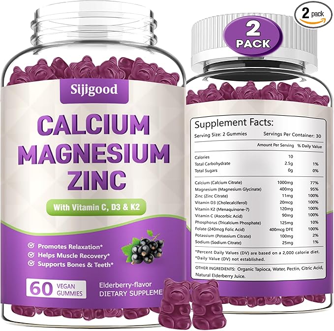 2 Pack Calcium Magnesium Zinc Gummies with Vitamin C D3 K2, Calcium Gummies for Bone, Muscle, Calm & Zzz Support, High Absorption Formula with Magnesium Zinc Potassium, Elderberry Flavored 120 Cts