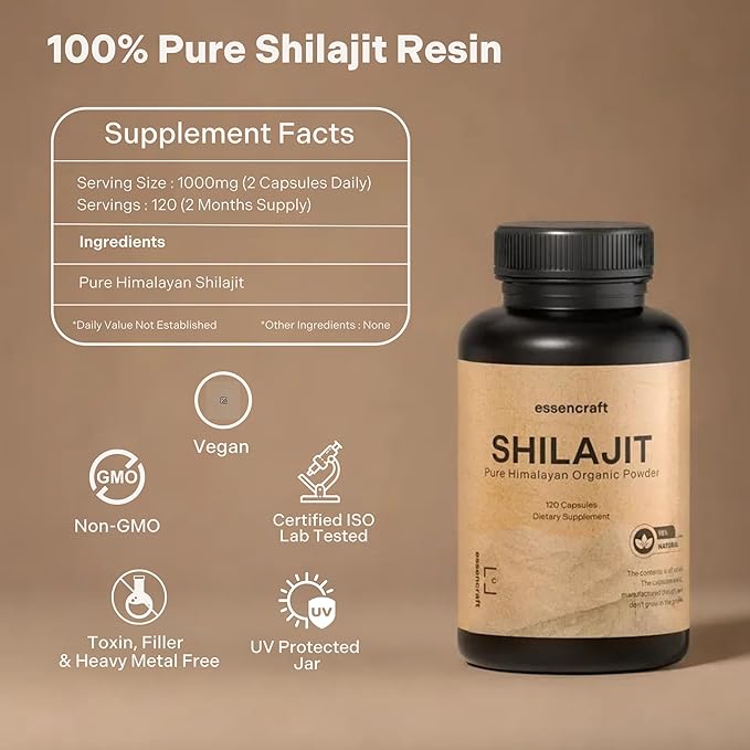 Organic Himalayan Shilajit Resin Extract - 1000mg Max Potency, Lab Tested Pure Shilajit for Men & Women, 85+ Trace Minerals Fulvic Acid, Immune Support, Energy, Cognition, 2 Month Supply, 120 Capsules