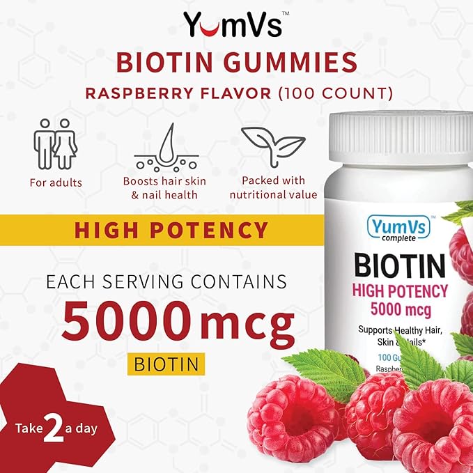 YUM-V'S High Potency Biotin Gummies by YumVs | Daily Dietary Supplement for Adults and Kids | Biotin 10000 mcg | Natural Raspberry Flavor Jellies, 100-Count | Vegetarian, Non-GMO, Kosher
