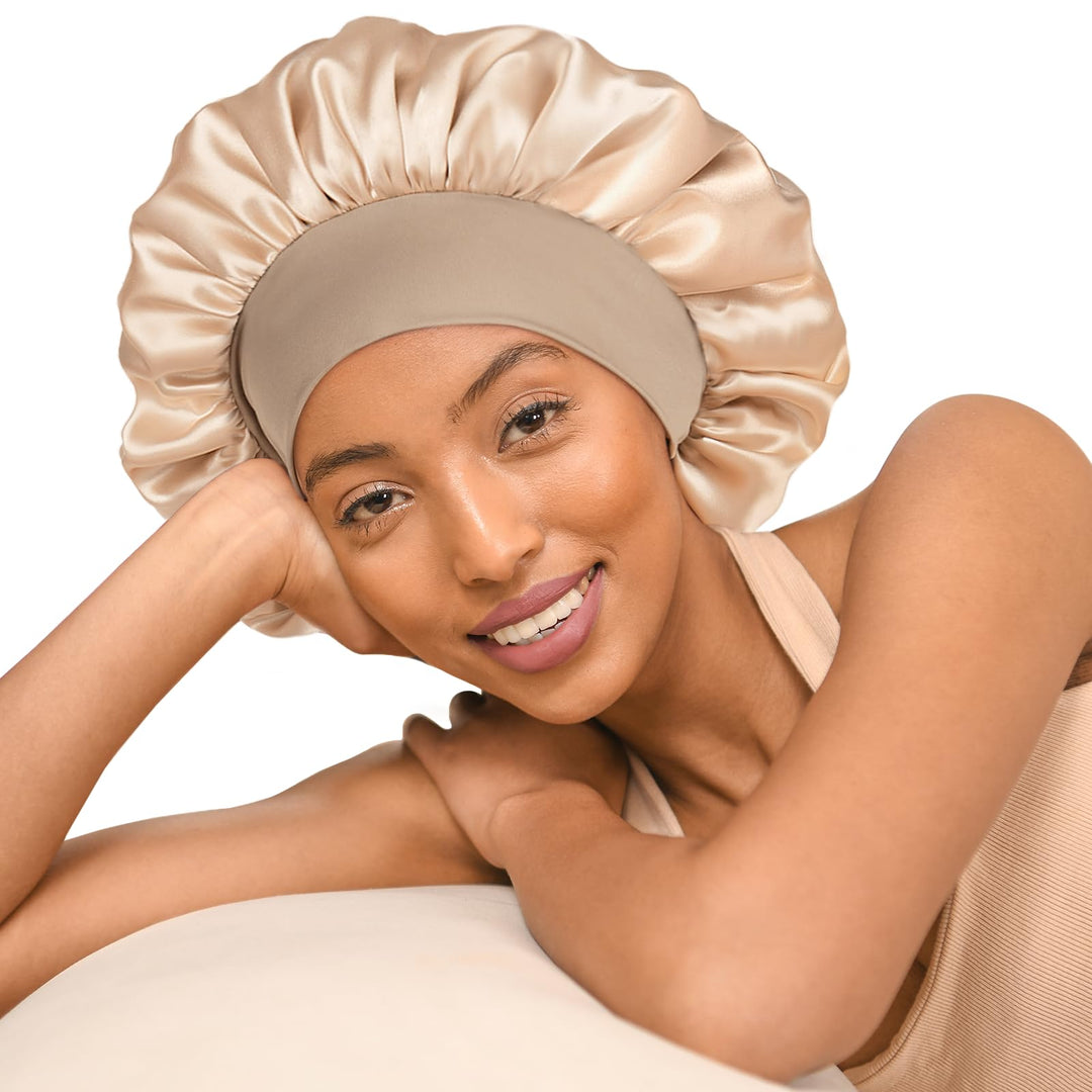 YANIBEST Satin Bonnet for Sleeping Women Double Layer Hair Silk Bonnets for Sleeping with Elastic Band Champagne