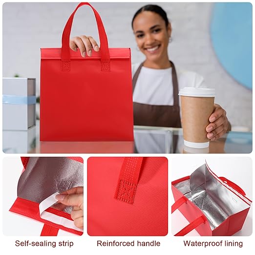 50 Pcs Insulated Take Away Bags Bulk Thermal Insulation Food for Coffee Milk Tea Hot Cold Food Fresh Seafood Cooler Pizza Delivery Bags for Catering Restaurant Grocery (Red)