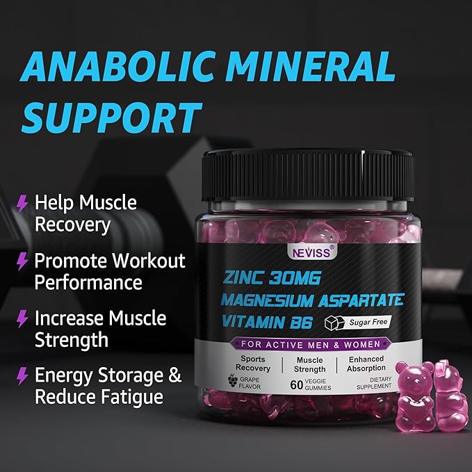 Zinc and Magnesium Supplement, Zinc Magnesium Aspartate Post Workout Gummies for Men Women, w/Vitamin B6, B12, D3, Turmeric for Nighttime Muscle Recovery, Boost Immunity & Sleep, Sugar Free, 120 Cts