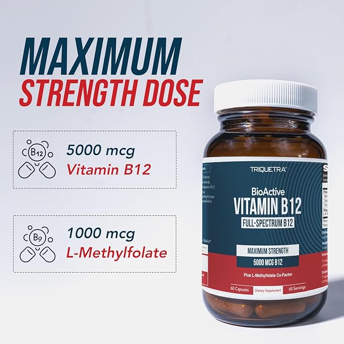 BioActive Vitamin B12 - 5000 mcg, Contains 3 BioActive B12 Forms Plus Methylfolate Cofactor - Methyl B12, Adenosyl B12 & Hydroxy B12 | Supports Energy, Metabolism & Mood | Vegan, Non-GMO (60 Servings)