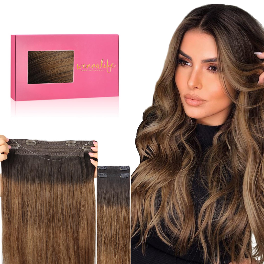Wennalife Wire Hair Extensions (Increase 50% Lifespan) Real Human Hair 20 Inch 140G Dark Brown To Chestnut Brown And Dirty Blond