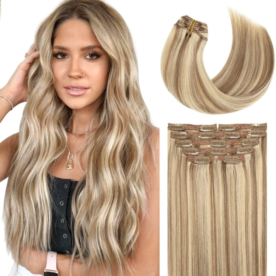 Lacer Hair Hair Extensions Clip In Human Hair Thick Straight Hair Light Brown Highlights Platinum Blonde Color Clip On Real Hair